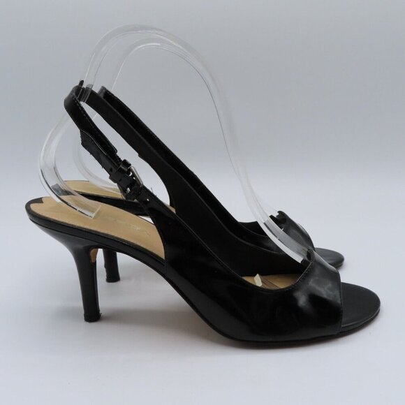 Via Spiga Womens 9 M Black Patent Leather Open Toe Slingback High Heels Buckle - Picture 7 of 12